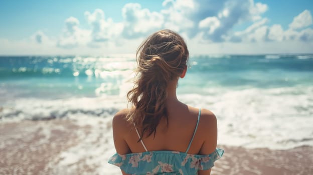 Back view of a girl on the seashore. Generative AI image