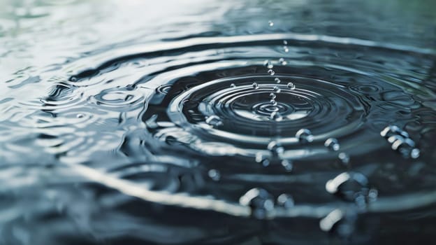Droplet on tranquil water surface. Created using AI generated technology and image editing software.