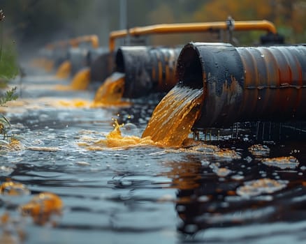 Wastewater pipes from industrial plants which is a large pipe made of metal. The wastewater flowing from the pipe is black and cloudy. Used to campaign to make people aware of environmental problems.