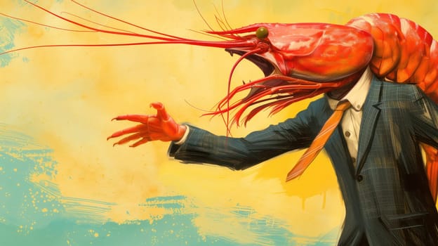 Shrimp in a business suit grunge drawing. Generative AI design