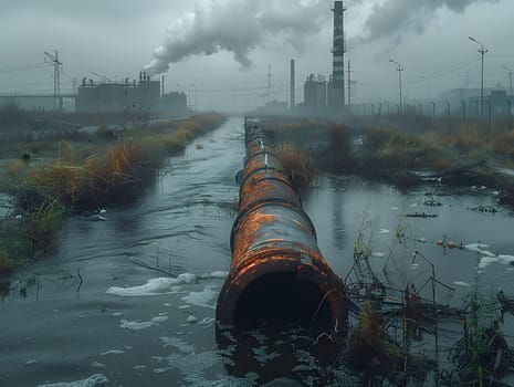 Wastewater pipes from industrial plants which is a large pipe made of metal. The wastewater flowing from the pipe is black and cloudy. Used to campaign to make people aware of environmental problems.