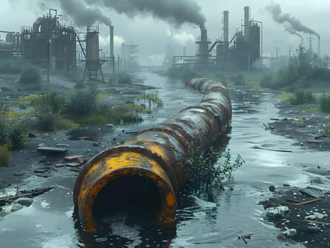 Wastewater pipes from industrial plants which is a large pipe made of metal. The wastewater flowing from the pipe is black and cloudy. Used to campaign to make people aware of environmental problems.