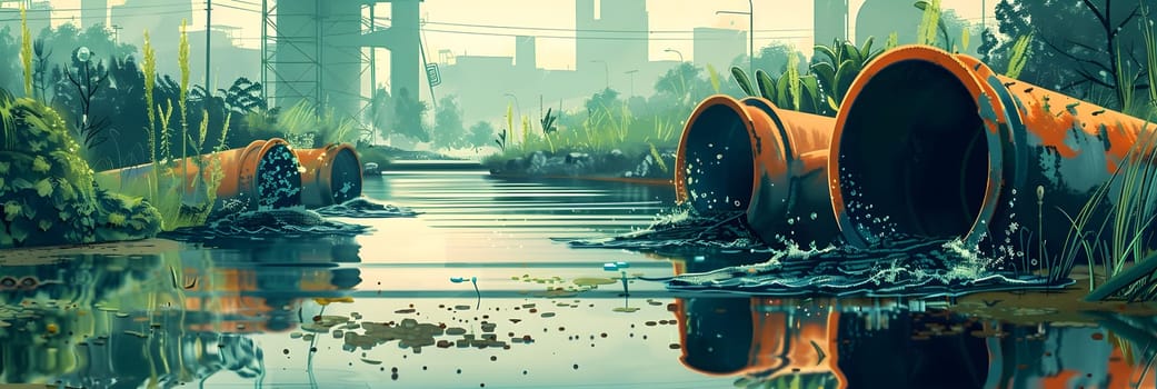 Wastewater pipes from industrial plants which is a large pipe made of metal. The wastewater flowing from the pipe is black and cloudy. Used to campaign to make people aware of environmental problems.