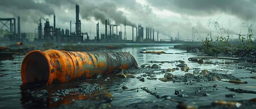 Wastewater pipes from industrial plants which is a large pipe made of metal. The wastewater flowing from the pipe is black and cloudy. Used to campaign to make people aware of environmental problems.