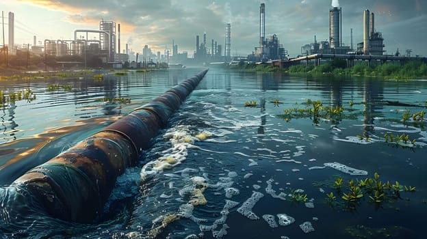Wastewater pipes from industrial plants which is a large pipe made of metal. The wastewater flowing from the pipe is black and cloudy. Used to campaign to make people aware of environmental problems.