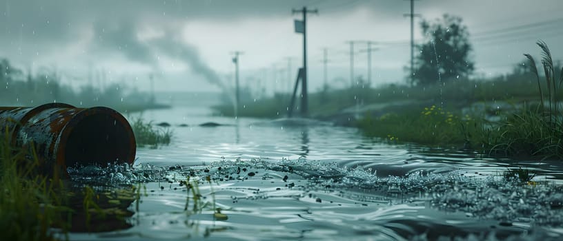 Wastewater pipes from industrial plants which is a large pipe made of metal. The wastewater flowing from the pipe is black and cloudy. Used to campaign to make people aware of environmental problems.