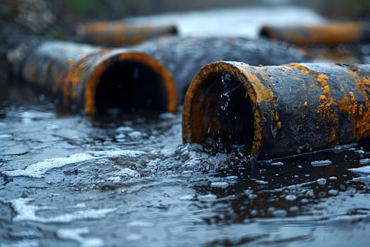 Wastewater pipes from industrial plants which is a large pipe made of metal. The wastewater flowing from the pipe is black and cloudy. Used to campaign to make people aware of environmental problems.