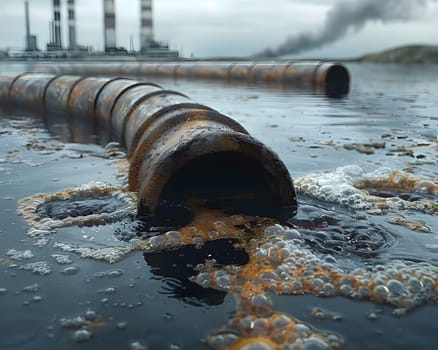 Wastewater pipes from industrial plants which is a large pipe made of metal. The wastewater flowing from the pipe is black and cloudy. Used to campaign to make people aware of environmental problems.