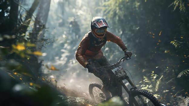 Bike racer in a helmet in the forest. Generative AI image
