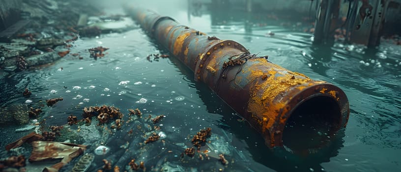 Wastewater pipes from industrial plants which is a large pipe made of metal. The wastewater flowing from the pipe is black and cloudy. Used to campaign to make people aware of environmental problems.