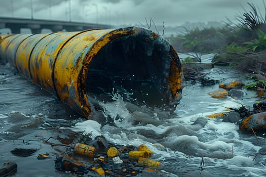 Wastewater pipes from industrial plants which is a large pipe made of metal. The wastewater flowing from the pipe is black and cloudy. Used to campaign to make people aware of environmental problems.