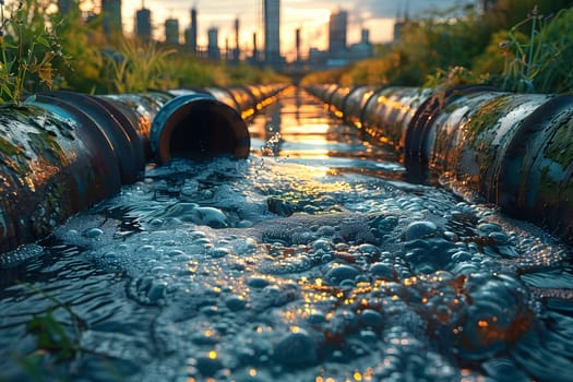 Wastewater pipes from industrial plants which is a large pipe made of metal. The wastewater flowing from the pipe is black and cloudy. Used to campaign to make people aware of environmental problems.