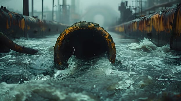 Wastewater pipes from industrial plants which is a large pipe made of metal. The wastewater flowing from the pipe is black and cloudy. Used to campaign to make people aware of environmental problems.