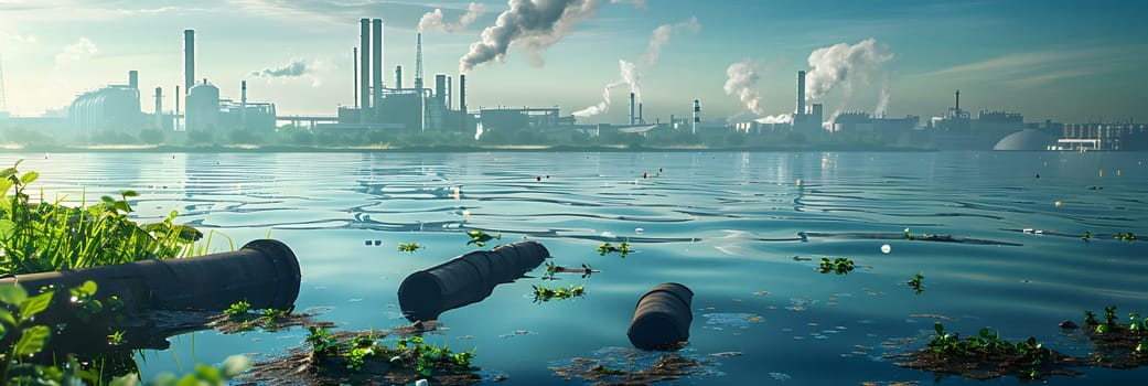 Wastewater pipes from industrial plants which is a large pipe made of metal. The wastewater flowing from the pipe is black and cloudy. Used to campaign to make people aware of environmental problems.