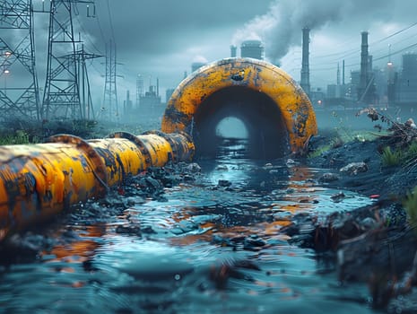 Wastewater pipes from industrial plants which is a large pipe made of metal. The wastewater flowing from the pipe is black and cloudy. Used to campaign to make people aware of environmental problems.