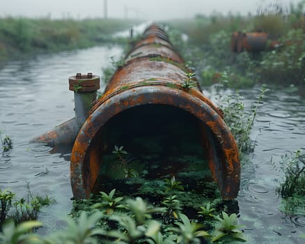 Wastewater pipes from industrial plants which is a large pipe made of metal. The wastewater flowing from the pipe is black and cloudy. Used to campaign to make people aware of environmental problems.