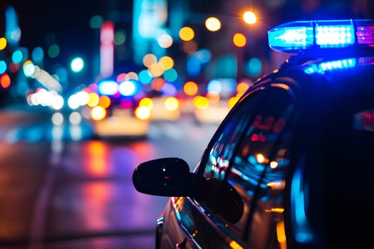 police car lights at night in city street with selective focus and bokeh. Neural network generated image. Not based on any actual person or scene.