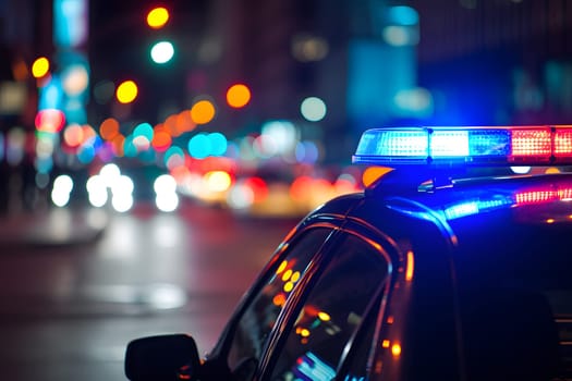 police car lights at night in city street with selective focus and bokeh. Neural network generated image. Not based on any actual person or scene.
