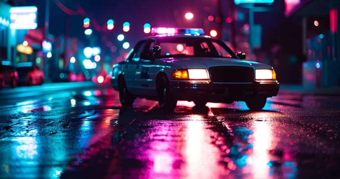 Police car with flashing lights at night in city street, low angle view. Neural network generated image. Not based on any actual person or scene.