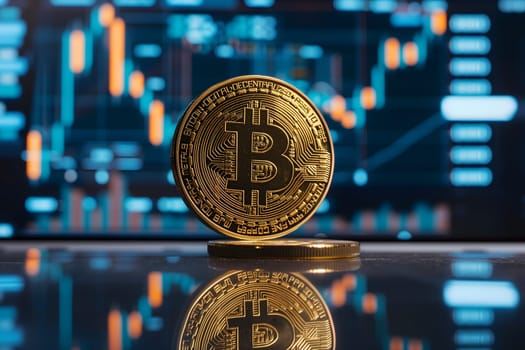 Bitcoin shiner in front of blurry trading charts screen. Dark appearance. Neural network generated image. Not based on any actual scene or pattern.