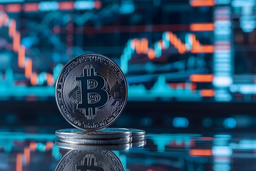 Bitcoin shiner in front of blurry trading charts screen. Dark appearance. Neural network generated image. Not based on any actual scene or pattern.