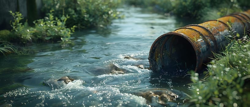 Wastewater pipes from industrial plants which is a large pipe made of metal. The wastewater flowing from the pipe is black and cloudy. Used to campaign to make people aware of environmental problems.
