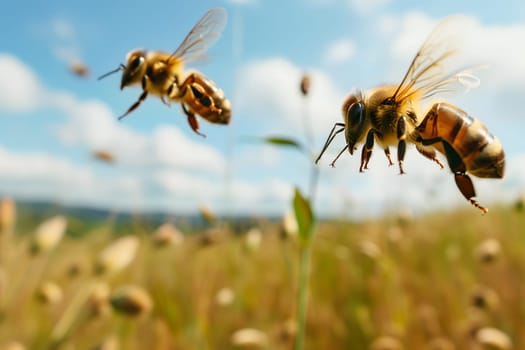 Two honeybees above field at sunny summer day. Neural network generated image. Not based on any actual scene or pattern.