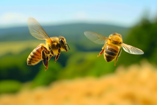 Two honeybees above field at sunny summer day. Neural network generated image. Not based on any actual scene or pattern.