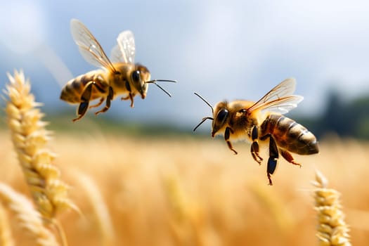 Two honeybees above field at sunny summer day. Neural network generated image. Not based on any actual scene or pattern.