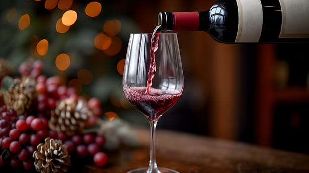 A wine bottle, with its elegant shape and deep red liquid inside, is being poured into a crystal glass, ready to be enjoyed during a romantic dinner. Neural network generated image. Not based on any actual scene or pattern.