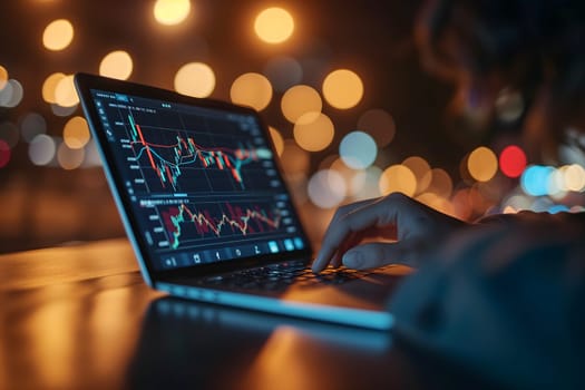 Laptop with human hands typing and stock market trading charts on the screen with night lights bokeh in the background. Neural network generated image. Not based on any actual scene or pattern.