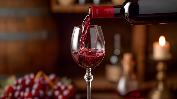 A wine bottle, with its elegant shape and deep red liquid inside, is being poured into a crystal glass, ready to be enjoyed during a romantic dinner. Neural network generated image. Not based on any actual scene or pattern.