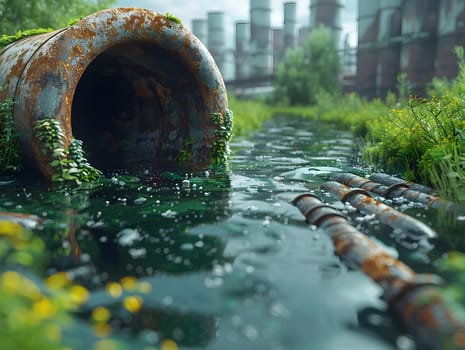 Wastewater pipes from industrial plants which is a large pipe made of metal. The wastewater flowing from the pipe is black and cloudy. Used to campaign to make people aware of environmental problems.