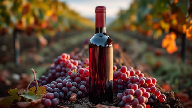 A red wine bottle in front of a landscape of grape farmland. Neural network generated image. Not based on any actual scene or pattern.