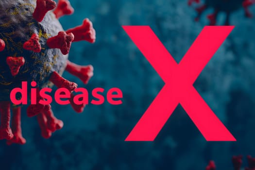 Disease X conceptual composition with coronaviruses for new pandemic topic. Neural network generated image. Not based on any actual scene or pattern.