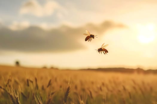 Two honeybees above field at sunny summer day. Neural network generated image. Not based on any actual scene or pattern.
