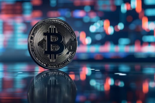 Bitcoin shiner in front of blurry trading charts screen. Dark appearance. Neural network generated image. Not based on any actual scene or pattern.