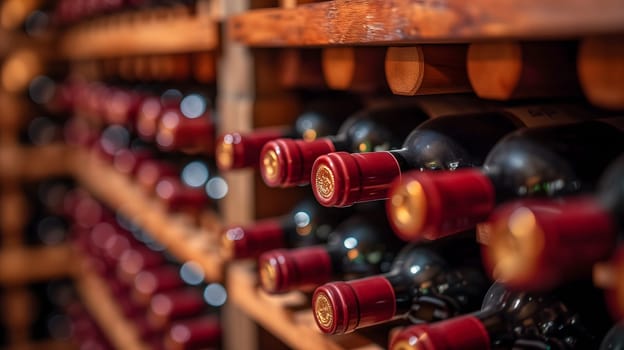 Wooden wine racks in a luxury cellar, closeup with selective focus. Neural network generated image. Not based on any actual scene or pattern.
