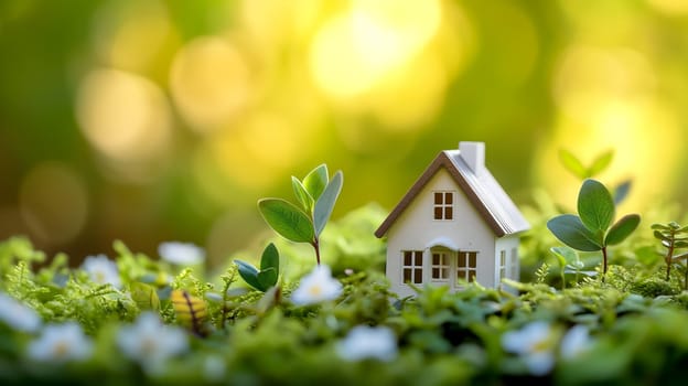 Spring background with a tiny toy house symbolizing family mortgage construction rental and property concepts. Neural network generated image. Not based on any actual person or scene.