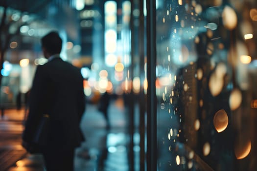 Close up abstract business background with businessmen navigating the cityscape, Interacting and collaborating. Neural network generated image. Not based on any actual person or scene.