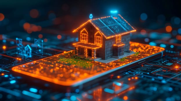 house hologram over cellphone in futuristic digital background. Neural network generated image. Not based on any actual person or scene.