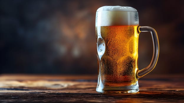 Cold mug with beer, with overflowing froth, on wooden table and dark background with copy space. Neural network generated image. Not based on any actual scene or pattern.