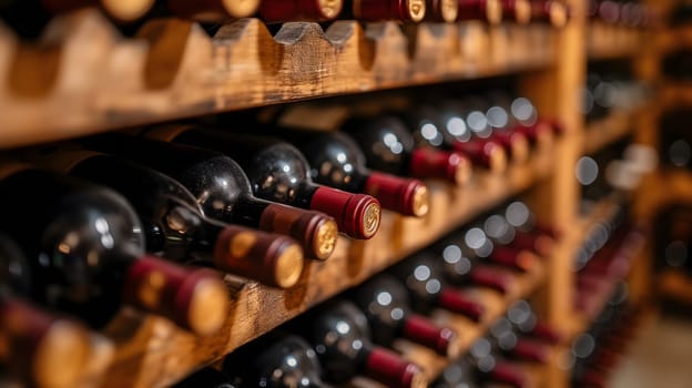 Wooden wine racks in a luxury cellar, closeup with selective focus. Neural network generated image. Not based on any actual scene or pattern.