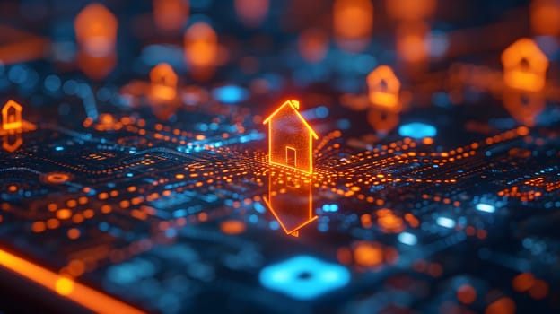 house hologram in futuristic digital background. Neural network generated image. Not based on any actual person or scene.