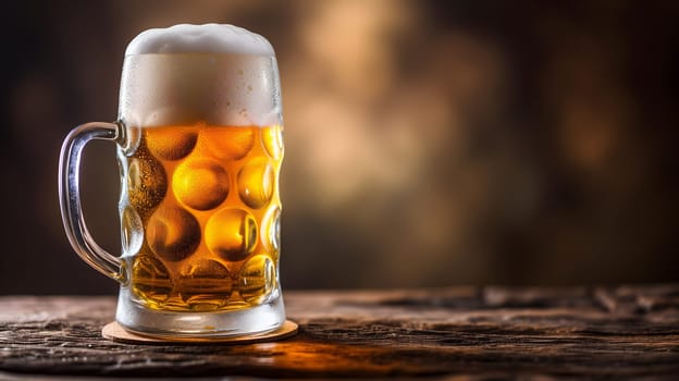 Cold mug with beer, with overflowing froth, on wooden table and dark background with copy space. Neural network generated image. Not based on any actual scene or pattern.