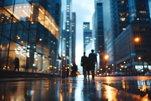 Close up abstract business background with businessmen navigating the cityscape, Interacting and collaborating. Neural network generated image. Not based on any actual person or scene.