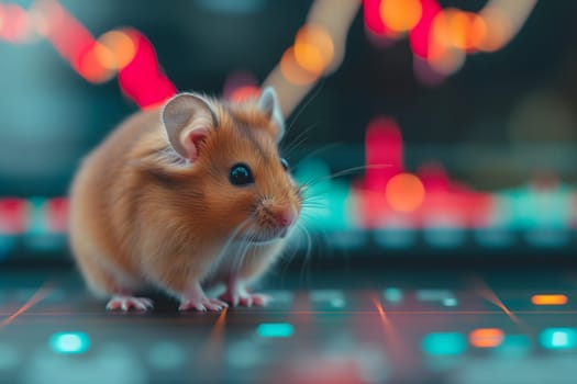 Hamster in front of blurry trading charts, novice in stock exchange and asset market concept. Neural network generated image. Not based on any actual scene or pattern.