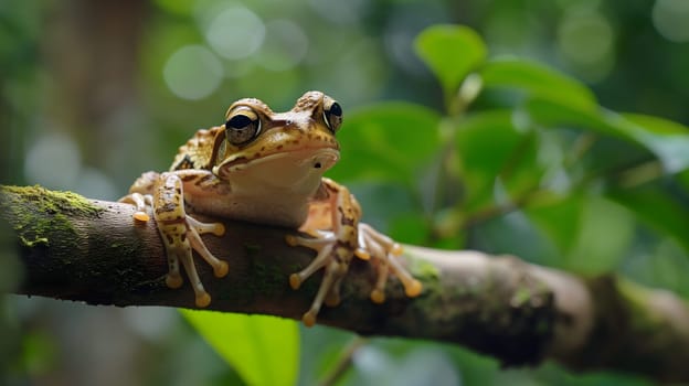 A frog resting on a tree branch in dense jungles. Neural network generated image. Not based on any actual scene or pattern.