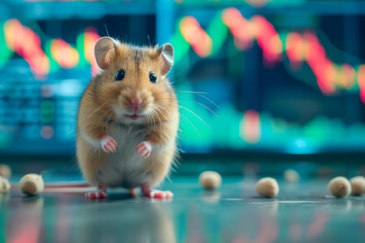 Hamster in front of blurry trading charts, novice in stock exchange and asset market concept. Neural network generated image. Not based on any actual scene or pattern.