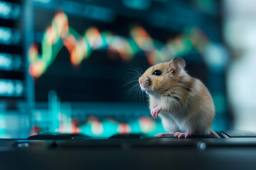 Hamster in front of blurry trading charts, novice in stock exchange and asset market concept. Neural network generated image. Not based on any actual scene or pattern.